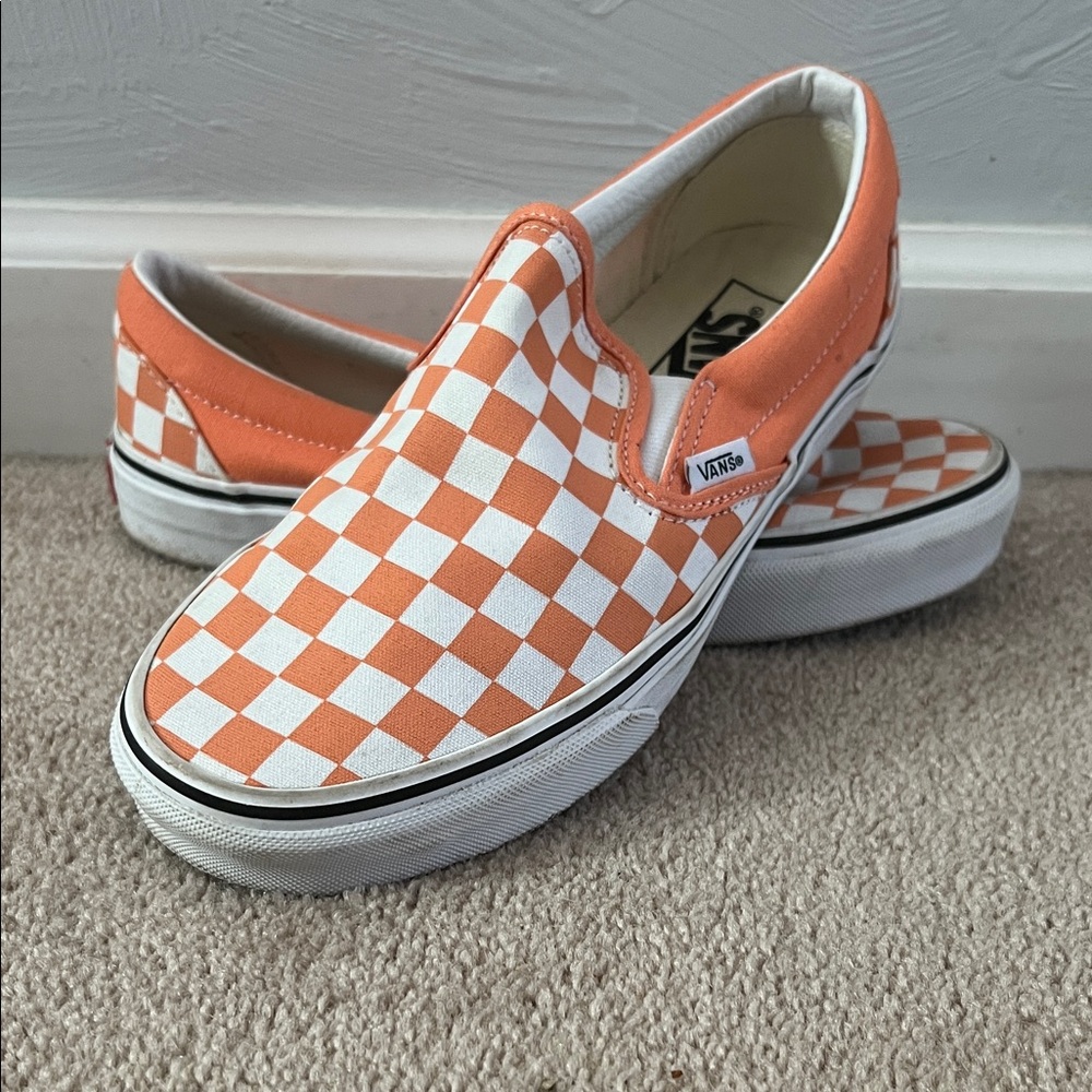 Vans Orange and White Checkered Slip-On Sneakers